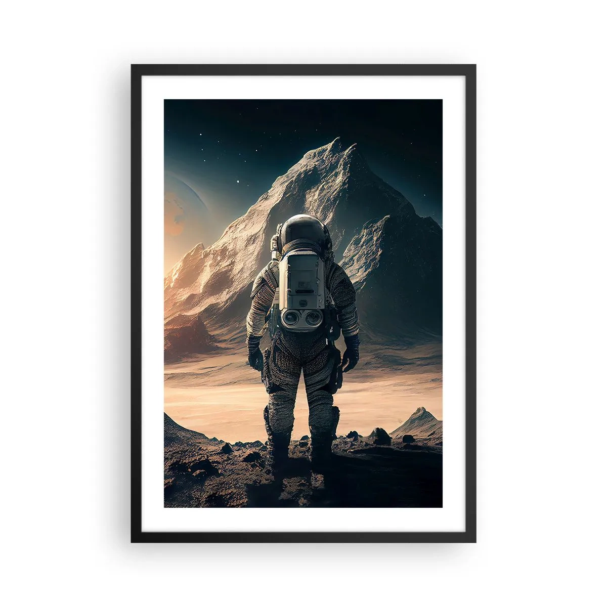 Plagát v čiernom ráme - Astronaut na cudzej planéte v hviezdnom svetle - 50x70cm - Nová výzva - Moderná nástenná dekorácia do obývacej izby a spálne ARTTOR
