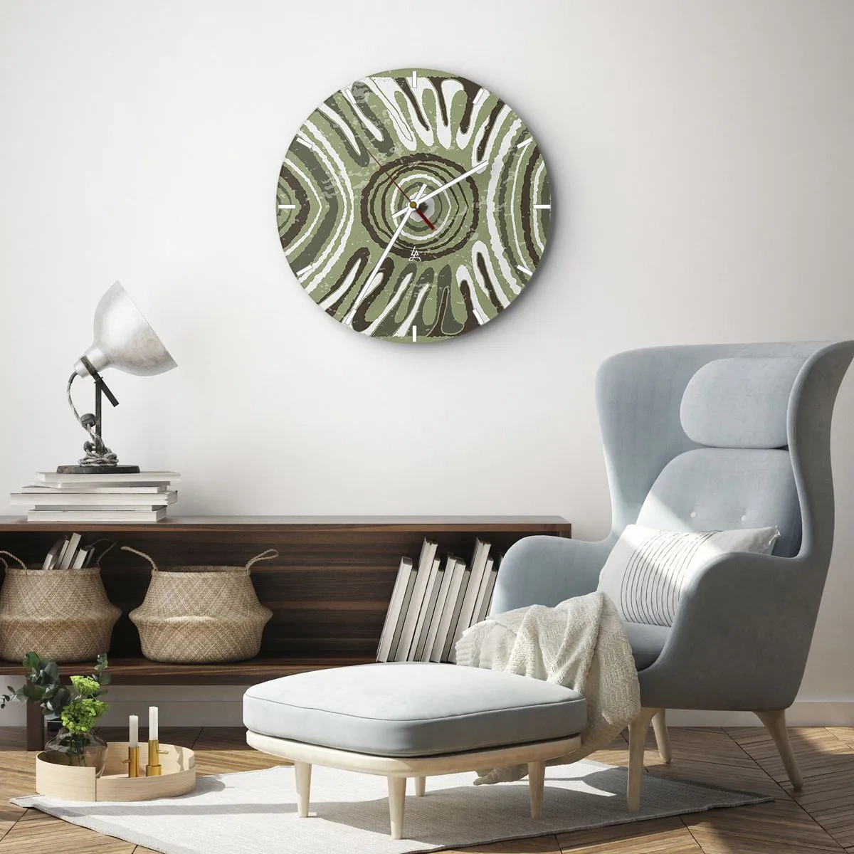 Nástenné hodiny - Zelená a hnedá symetrická kompozícia so sústrednými vzormi - 30x30cm - Explózia emócií - Moderná nástenná dekorácia do obývacej izby, kuchyne a spálne ARTTOR