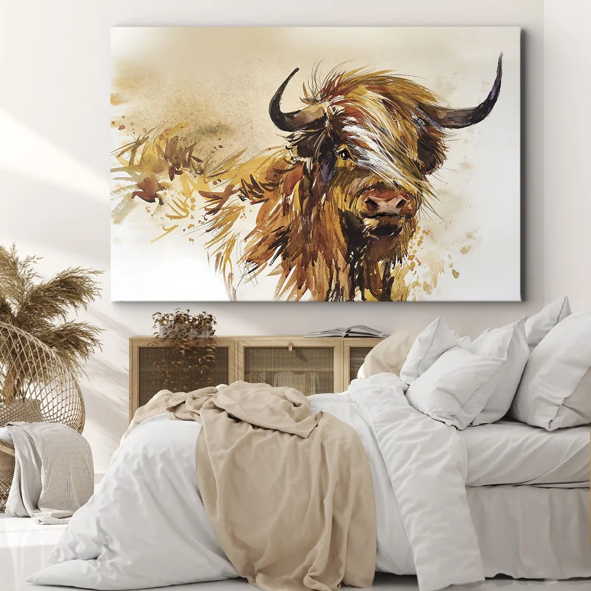 Obraz na plátne - Portrét býka v umeleckom akvarelovom štýle - 70x50cm - Pýcha lovca - Moderná nástenná dekorácia do obývacej izby a spálne ARTTOR