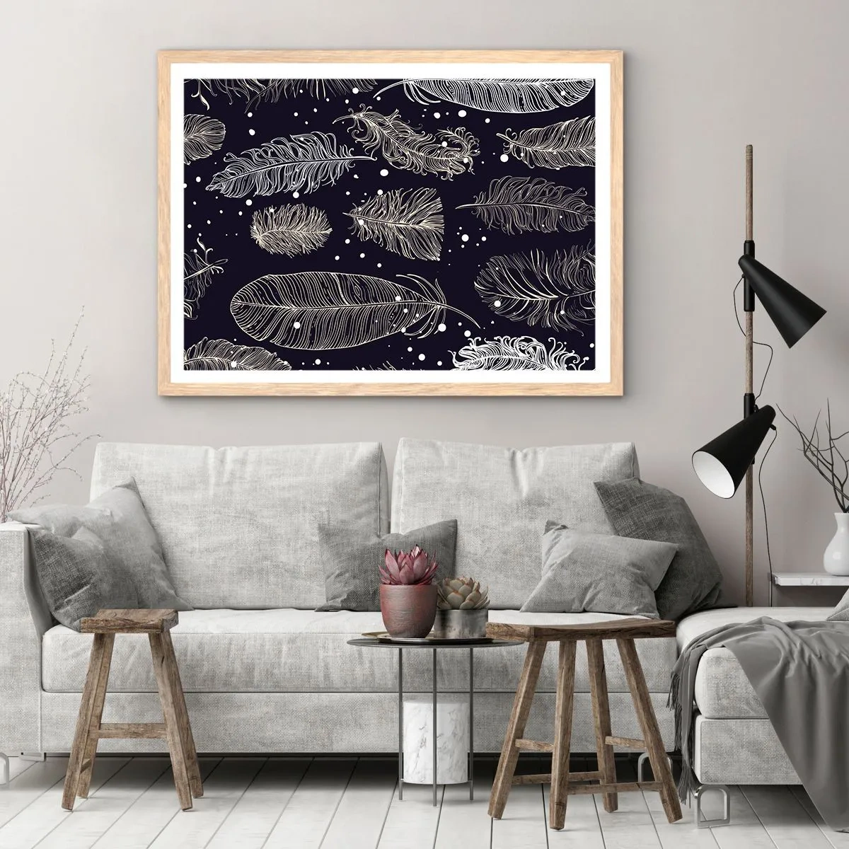 Plagát v ráme zo svetlého duba - Čipka s perím - 100x70 cm