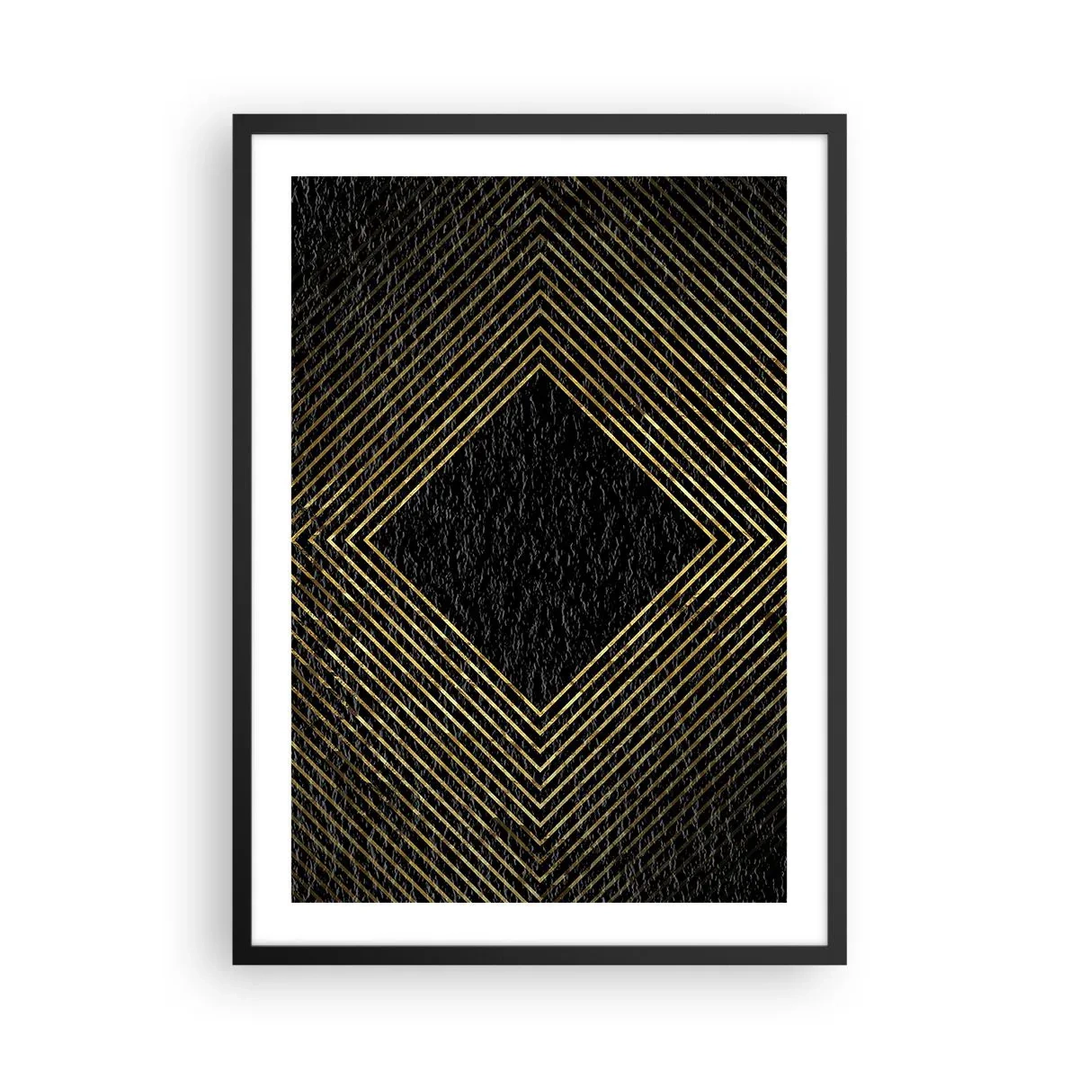 Plagát v čiernom ráme - Zlaté geometrické čiary na čiernom pozadí - 50x70cm - Geometria v štýle glamour - Moderná nástenná dekorácia do obývacej izby a spálne ARTTOR