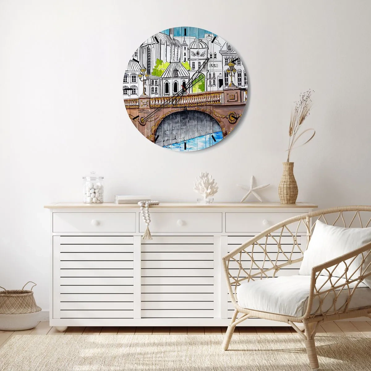 Nástenné hodiny - Ilustrácia mestskej architektúry s mostom - 30x30cm - Mesto ako maľované - Moderná nástenná dekorácia do obývacej izby, kuchyne a spálne ARTTOR