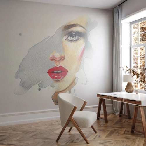 Fototapeta Premium Sand - Odraz v kvapke vody - Ženská tvár, Žena, červené pery - 150x105 cm