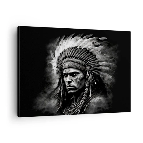 Obraz na plátne - Portrét náčelníka v pernatej čelenke na čiernom pozadí - 70x50cm - Vodca a bojovník - Moderná nástenná dekorácia do obývacej izby a spálne ARTTOR