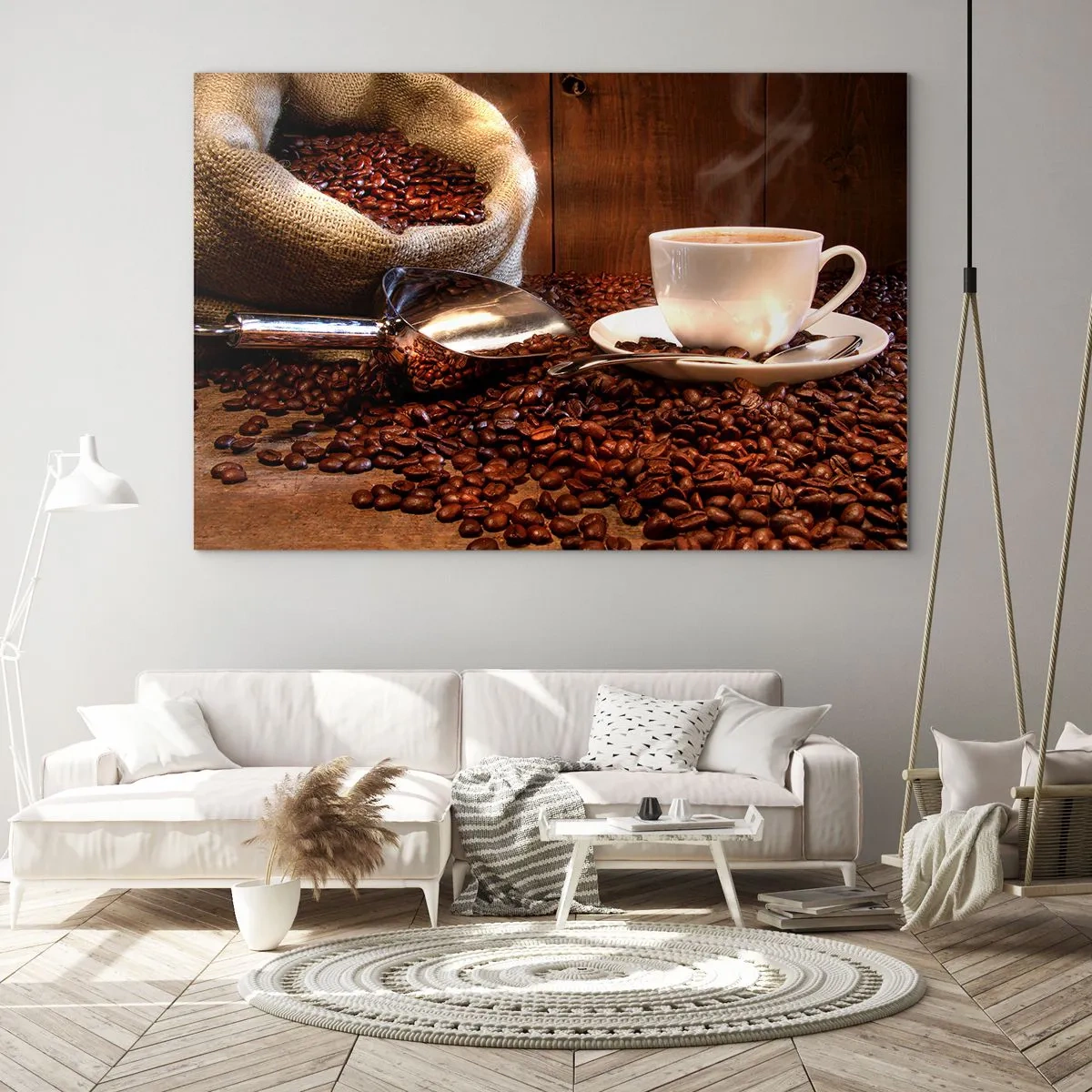 Obraz na skle - Šálka kávy na pozadí fazule a jutového vrecka - 70x50cm - Cítite tú vôňu? - Moderná nástenná dekorácia do obývacej izby a spálne ARTTOR