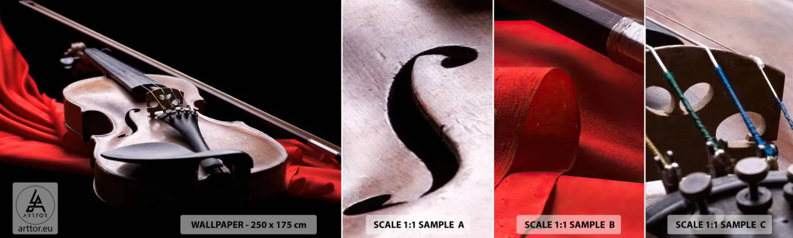 Vzorka samolepiacej fototapety Deluxe Sticker - Hudba pocitov - Hudba, husle, Hudobný nástroj - 100x30 cm