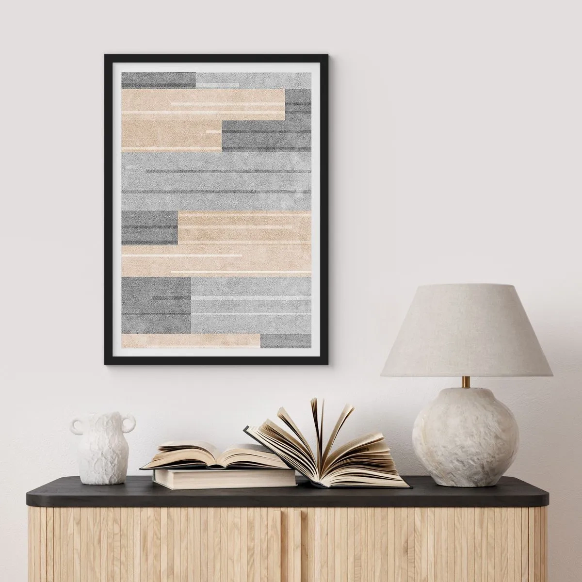 Plagát v čiernom ráme - Moderná geometrická kompozícia v odtieňoch sivej a béžovej - 50x70cm - Kompozícia: drž sa - Moderná nástenná dekorácia do obývacej izby a spálne ARTTOR