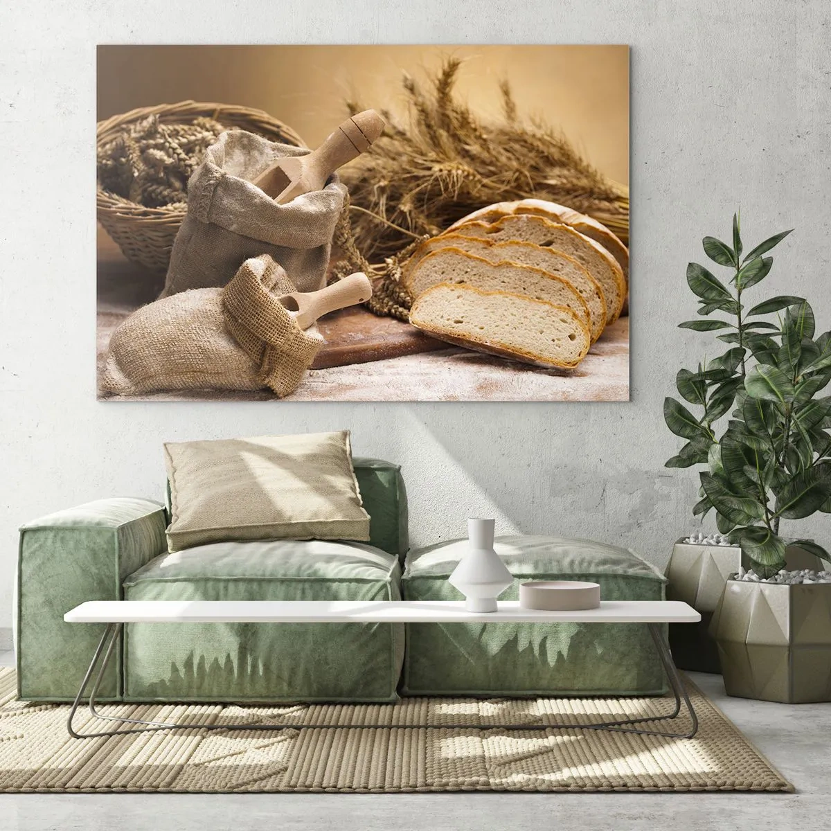 Obraz na skle - Chlieb, múka a klasy obilia v rustikálnom štýle - 70x50cm - Ako utnúť nožom - Moderná nástenná dekorácia do obývacej izby a spálne ARTTOR