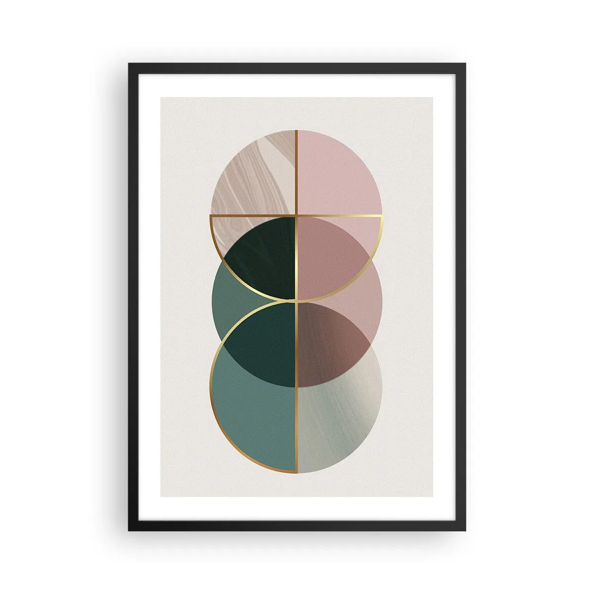 Plagát v čiernom ráme - Abstraktná geometrická kompozícia s kruhmi a zlatom - 50x70cm - Kolesá… - Moderná nástenná dekorácia do obývacej izby a spálne ARTTOR