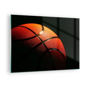 Obraz na skle - Oranžová basketbalová lopta na tmavom pozadí - 70x50cm - Krásna ako planéta - Moderná nástenná dekorácia do obývacej izby a spálne ARTTOR