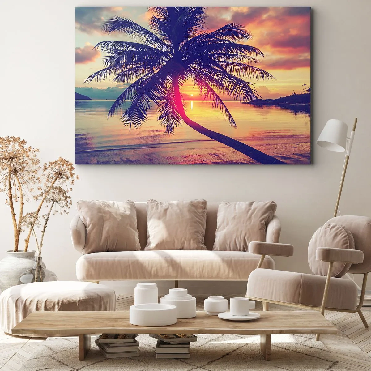 Obraz na plátne - Západ slnka s palmou nad tichým pobrežím - 70x50cm - Večer pod palmami - Moderná nástenná dekorácia do obývacej izby a spálne ARTTOR