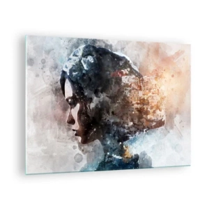 Obraz na skle - Profil ženy v akvarelovom štýle s mestom v pozadí. - 70x50cm - Príbeh o dievčati s mestom v pozadí - Moderná nástenná dekorácia do obývacej izby a spálne ARTTOR