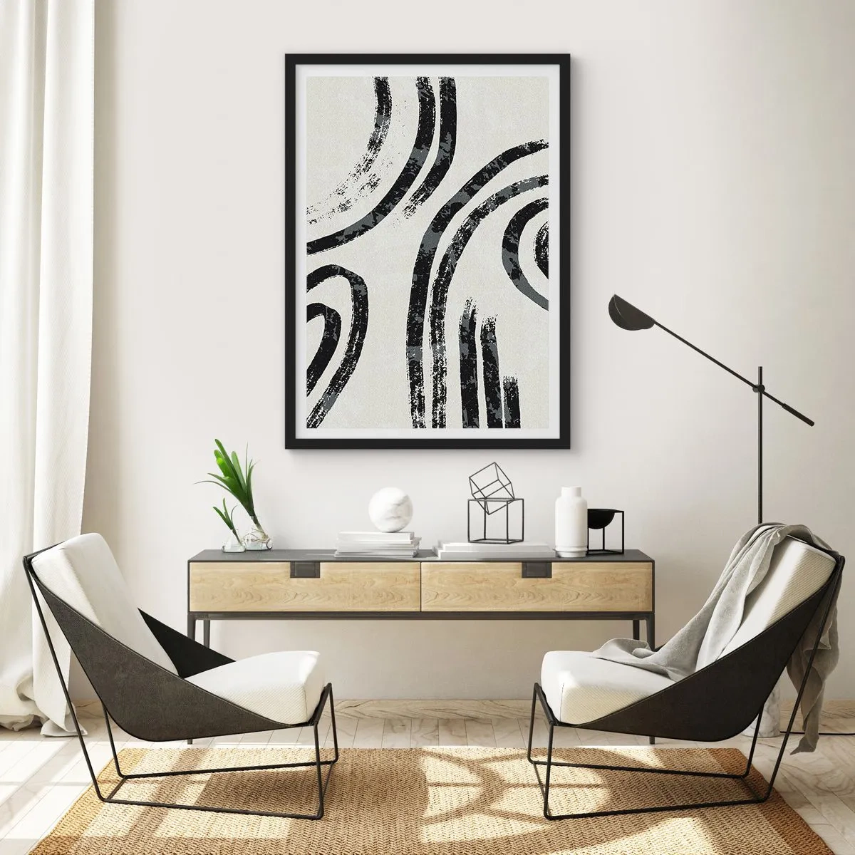 Plagát v čiernom ráme - Abstraktné čierne čiary na svetlom pozadí - 50x70cm - Napoly zastavený - Moderná nástenná dekorácia do obývacej izby a spálne ARTTOR