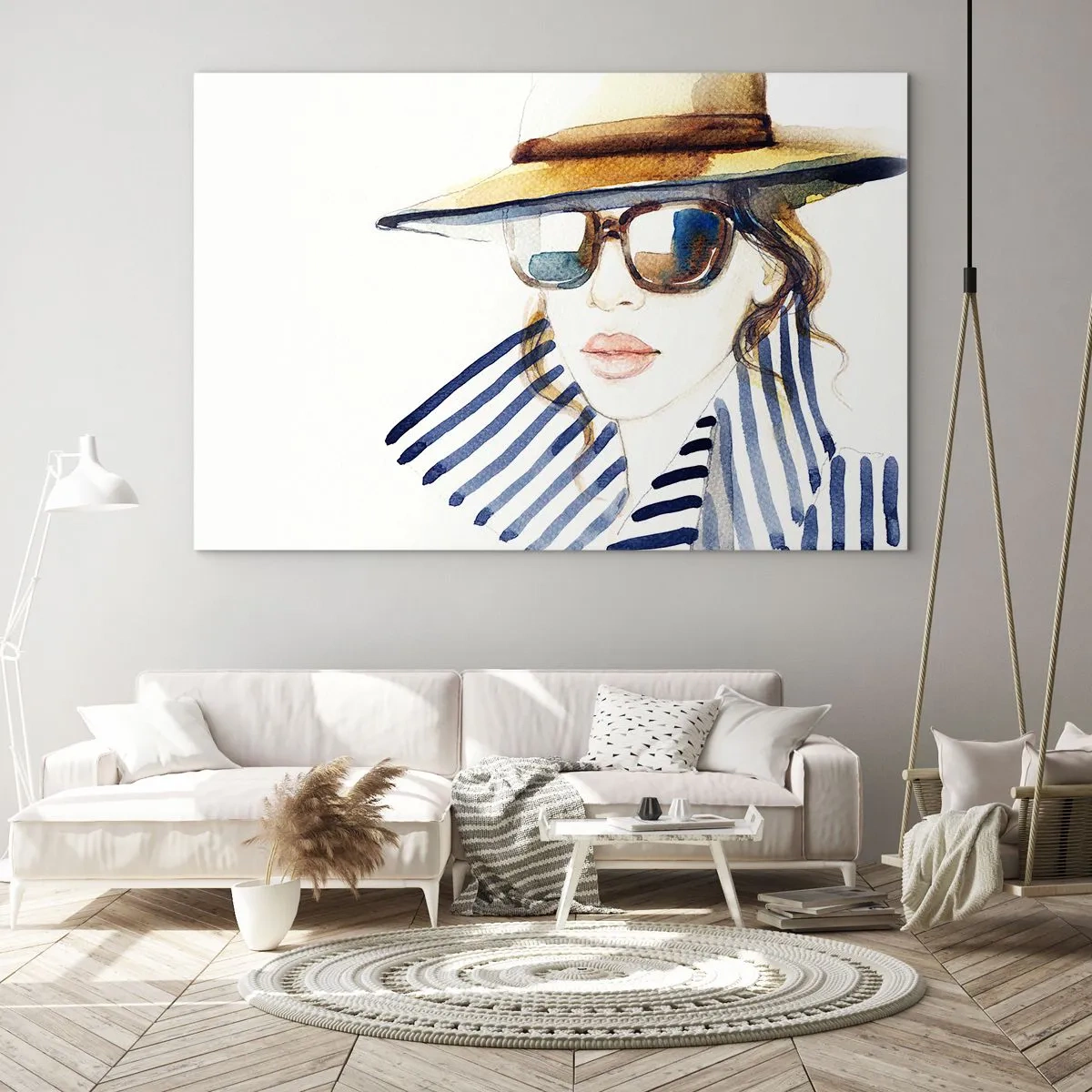 Obraz na skle - Štýlová žena v klobúku a okuliaroch v štýle akvarelu - 70x50cm - Florida víta! - Moderná nástenná dekorácia do obývacej izby a spálne ARTTOR