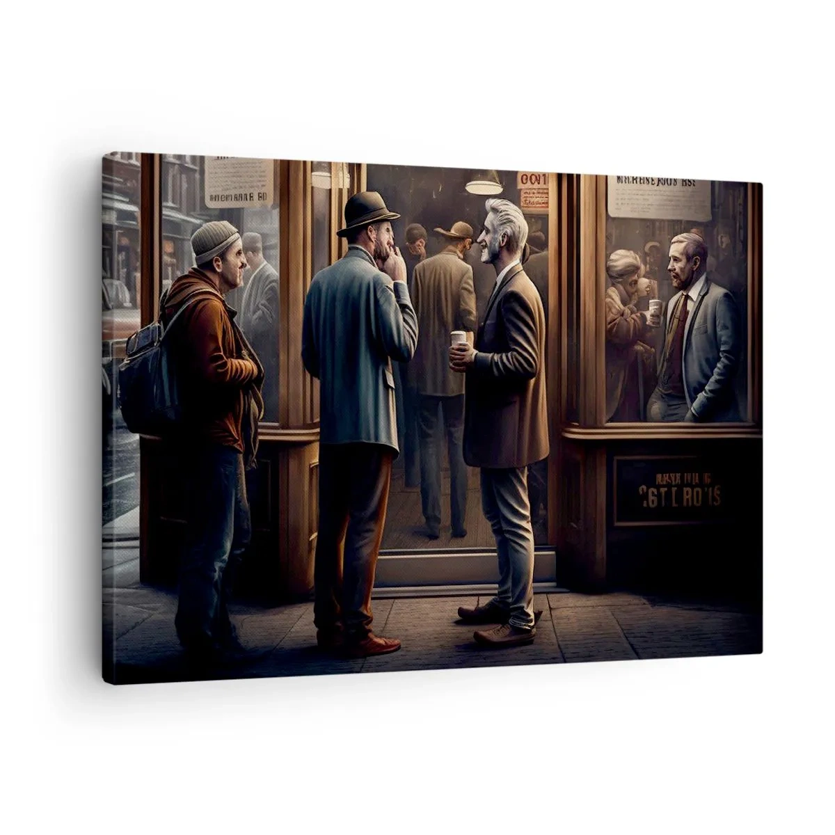 Obraz na plátne - Pouličná scéna s ľuďmi pred retro kaviarňou - 70x50cm - Dobrá chvíľa dňa - Moderná nástenná dekorácia do obývacej izby a spálne ARTTOR