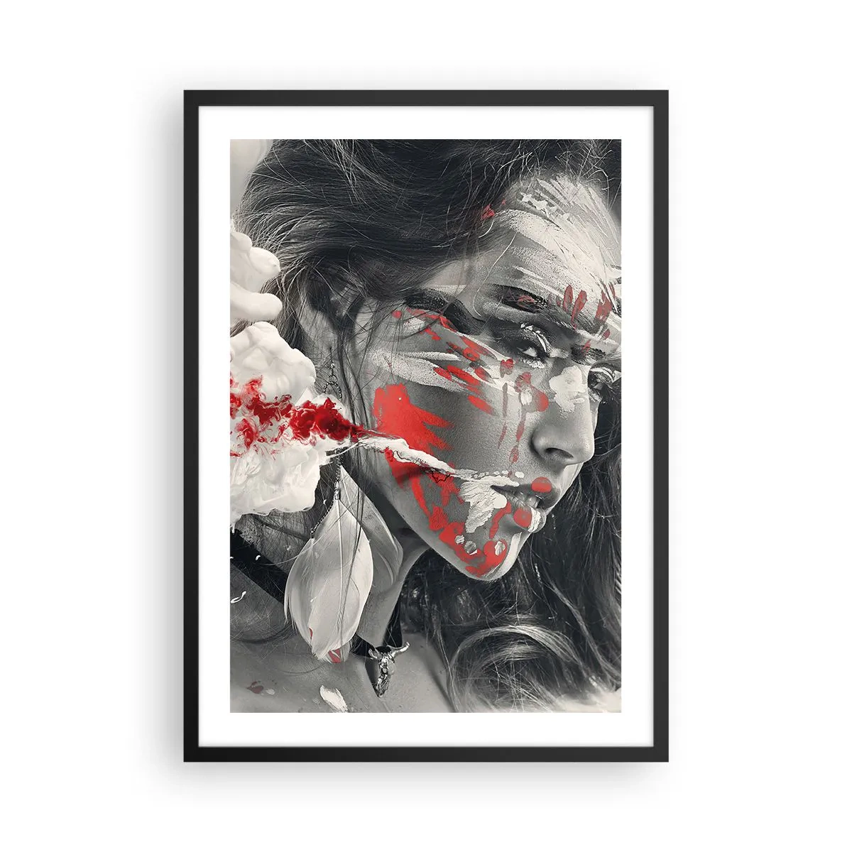 Plagát v čiernom ráme - Umelecký portrét s červeným akcentom - 50x70cm - V škárach absurdity - Moderná nástenná dekorácia do obývacej izby a spálne ARTTOR