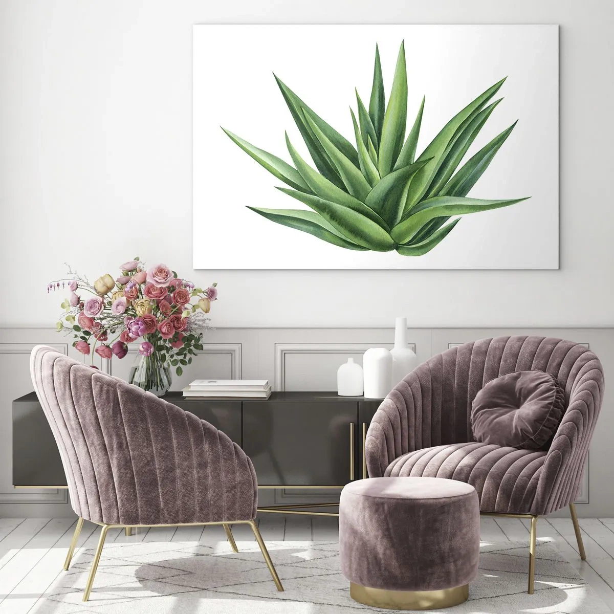 Obraz na skle - Zelená rastlina s mäsitými listami na bielom pozadí - 70x50cm - Zelená – sila – život - Moderná nástenná dekorácia do obývacej izby a spálne ARTTOR