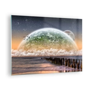 Obraz na skle - Západ slnka nad planétou a oceánom - 70x50cm - A svet sa vynoril z vody - Moderná nástenná dekorácia do obývacej izby a spálne ARTTOR