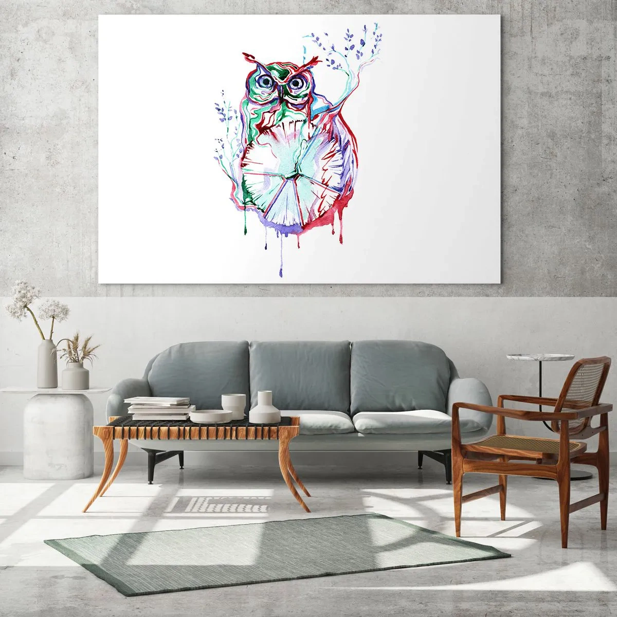 Obraz na skle - Abstraktná sova v farebnej akvarelovej kompozícii - 70x50cm - Múdra od prírody - Moderná nástenná dekorácia do obývacej izby a spálne ARTTOR