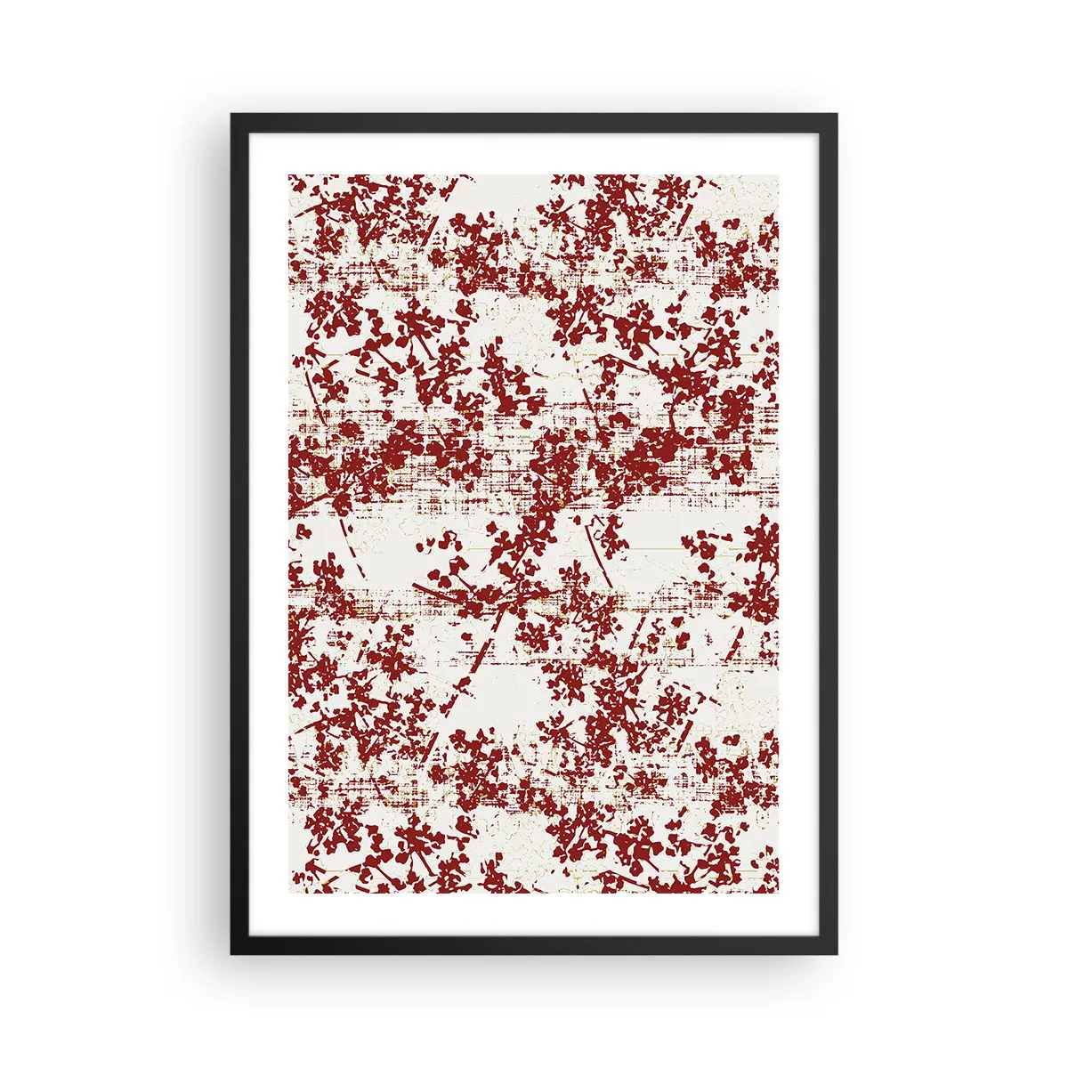 Plagát v čiernom ráme - Červené kvetinové akcenty na svetlom pozadí - 50x70cm - Staré kaliko - Moderná nástenná dekorácia do obývacej izby a spálne ARTTOR