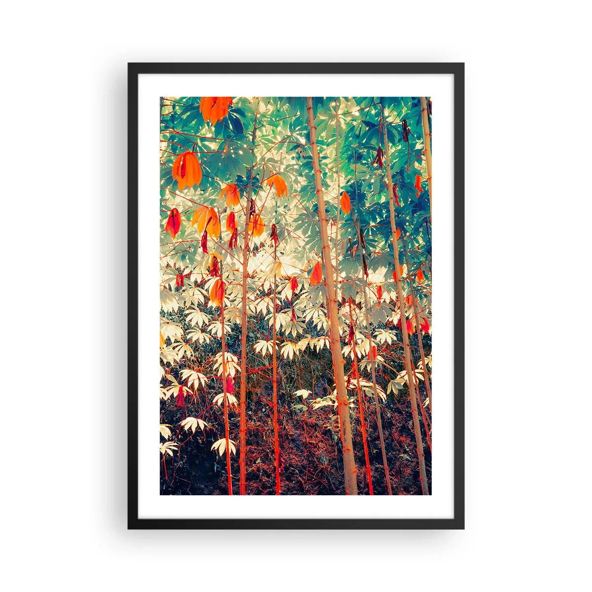 Plagát v čiernom ráme - Farebný tropický les, v ktorom dominuje červená a zelená - 50x70cm - Tajný život listov - Moderná nástenná dekorácia do obývacej izby a spálne ARTTOR