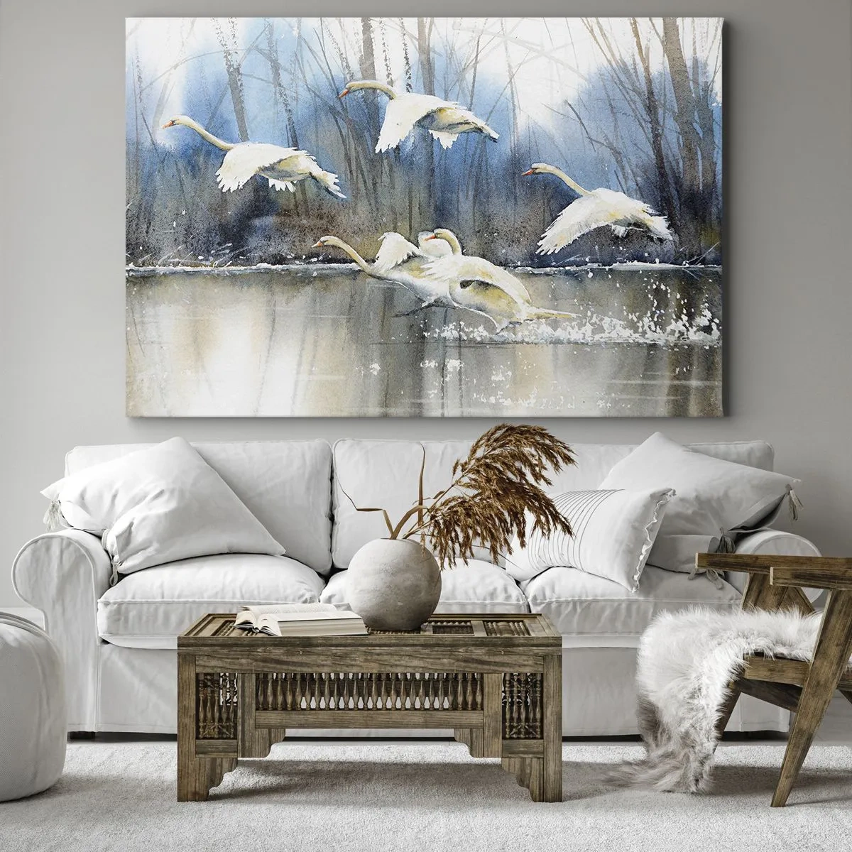 Obraz na plátne - Labute letia nad zamrznutým jazerom v zimnej krajine - 70x50cm - Ako v poviedke o divokých labutiach - Moderná nástenná dekorácia do obývacej izby a spálne ARTTOR