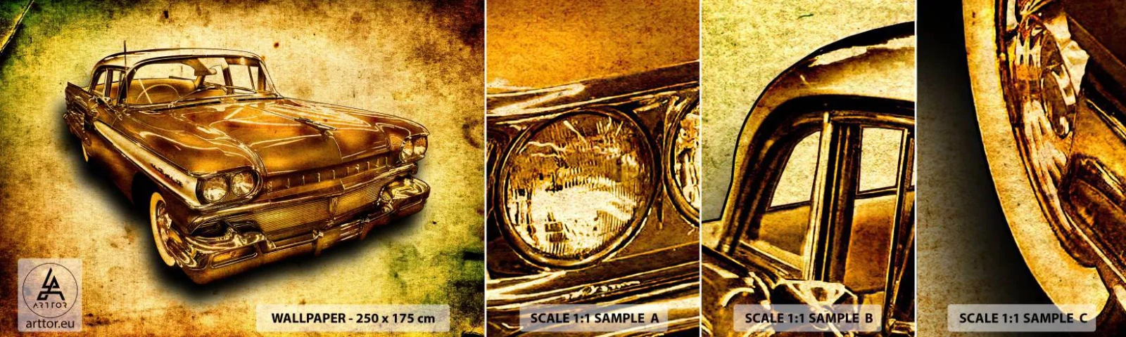 Vzorka samolepiacej fototapety Deluxe Sticker - Nehynúca krása klasiky - Automobilový priemysel, Klasické auto, Hobby - 100x30 cm