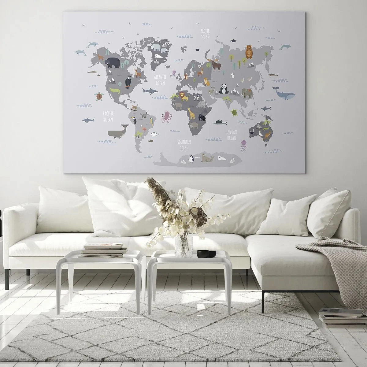 Obraz na skle - Ilustrovaná mapa sveta s charakteristickými zvieratami - 70x50cm - Povedz mi, odkiaľ si... - Moderná nástenná dekorácia do obývacej izby a spálne ARTTOR
