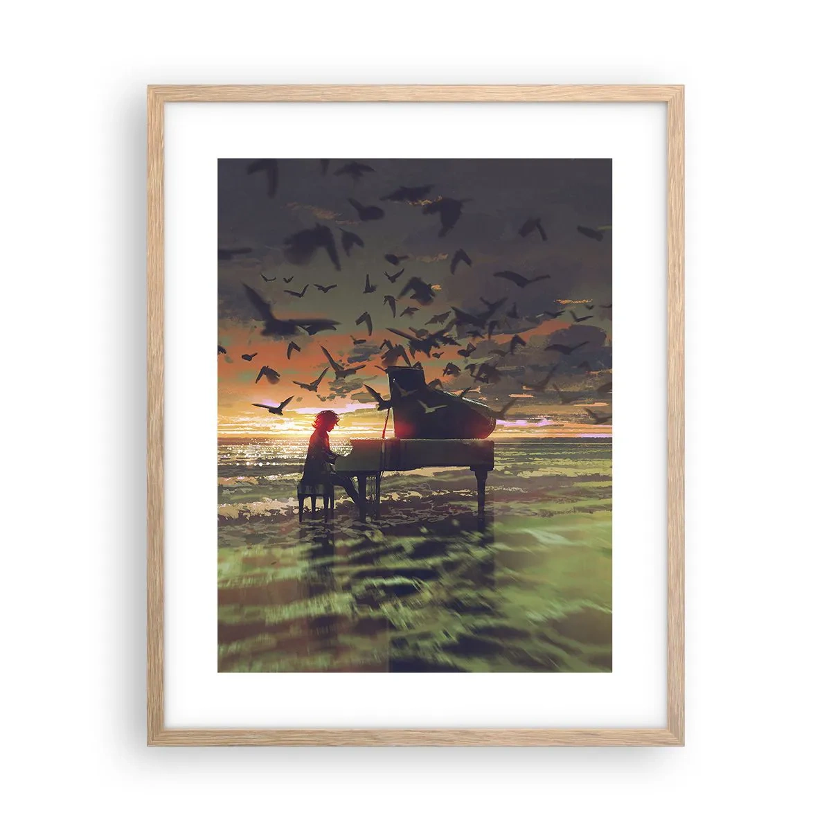 Plagát v ráme zo svetlého duba - Koncert na piano a vlny - 40x50 cm