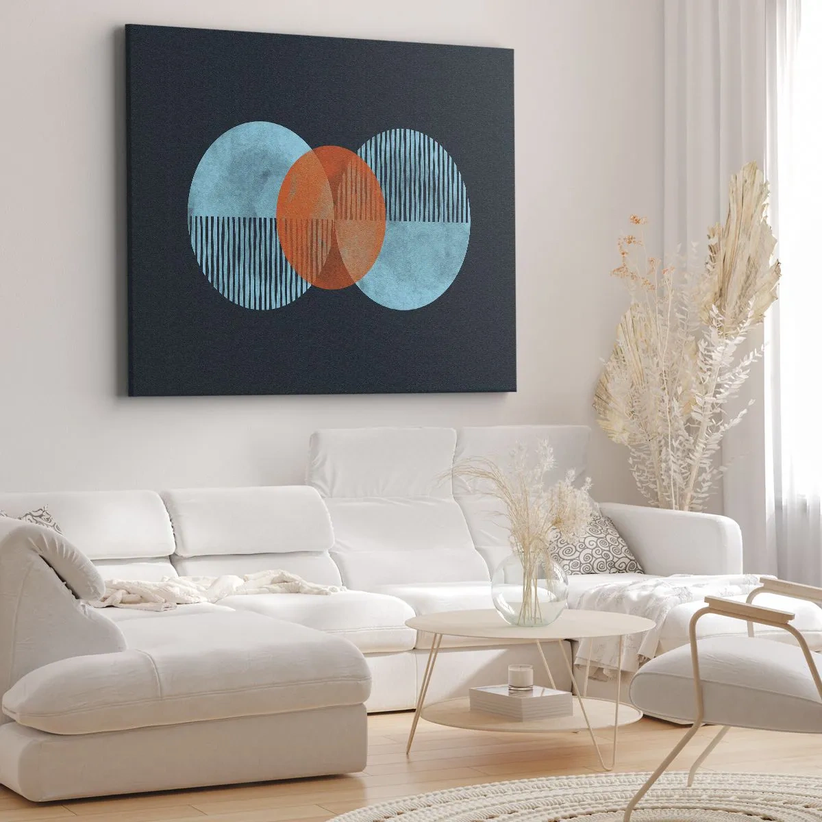 Obraz na plátne - Geometrické kruhy v odtieňoch modrej a oranžovej - 70x50cm - Symetrická kompozícia - Moderná nástenná dekorácia do obývacej izby a spálne ARTTOR