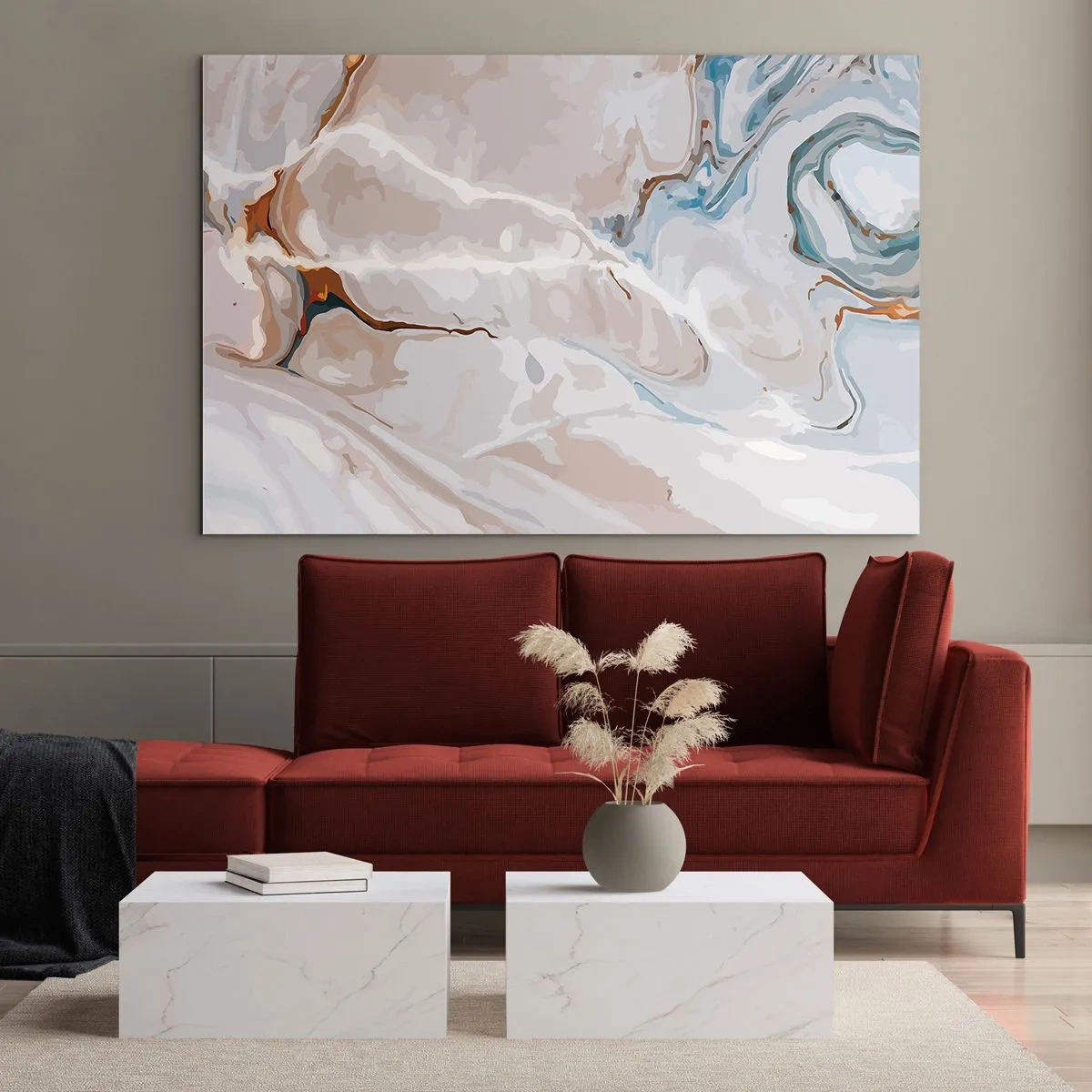 Obraz na skle - Umelecký vzor v neutrálnych tónoch s modrými akcentmi - 70x50cm - Modré meandre pod bielou - Moderná nástenná dekorácia do obývacej izby a spálne ARTTOR