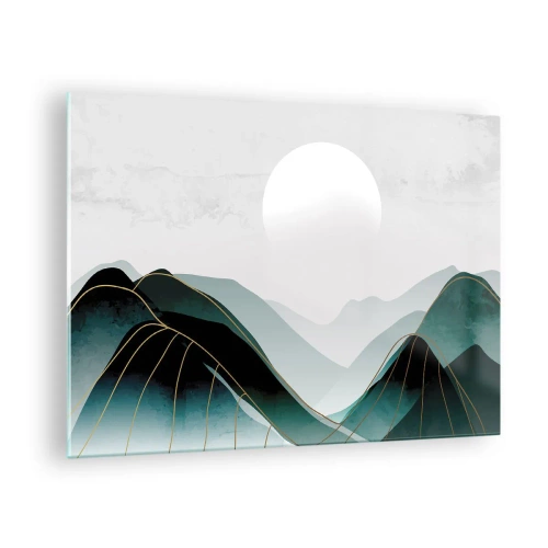 Obraz na skle - Horská krajina s bielym slnkom a zlatými čiarami - 70x50cm - V plnom majestáte - Moderná nástenná dekorácia do obývacej izby a spálne ARTTOR