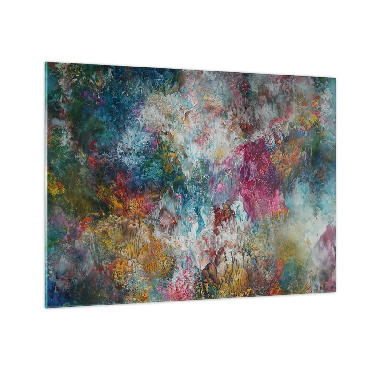 Obraz na skle - Abstraktná kompozícia farebných kvetov v intenzívnych farbách. - 70x50cm - V plnom rozkvete - Moderná nástenná dekorácia do obývacej izby a spálne ARTTOR
