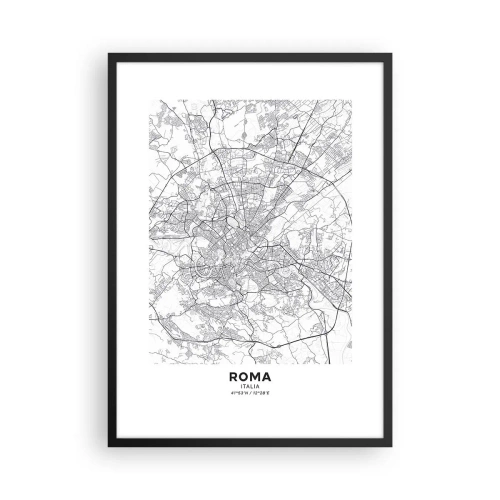 Plagát v čiernom ráme - Čiernobiela mapa Ríma s podrobnými ulicami a pamiatkami - 50x70cm - Rímsky kruh - Moderná nástenná dekorácia do obývacej izby a spálne ARTTOR
