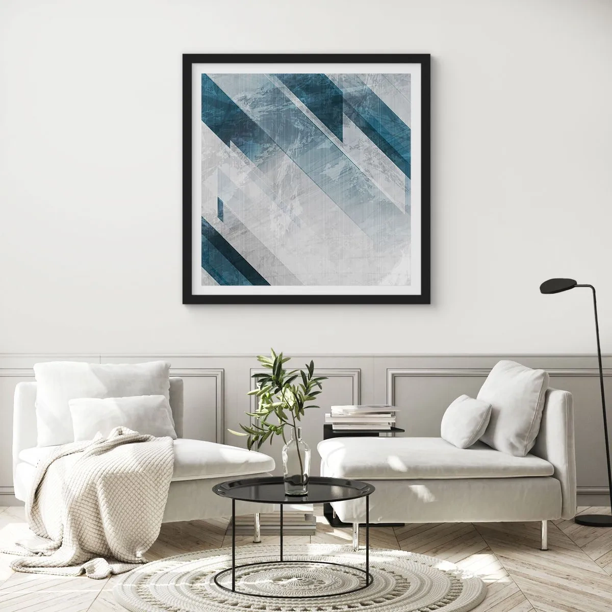 Plagát v čiernom ráme - Priestorová kompozícia – pohyb šedej - 60x60 cm