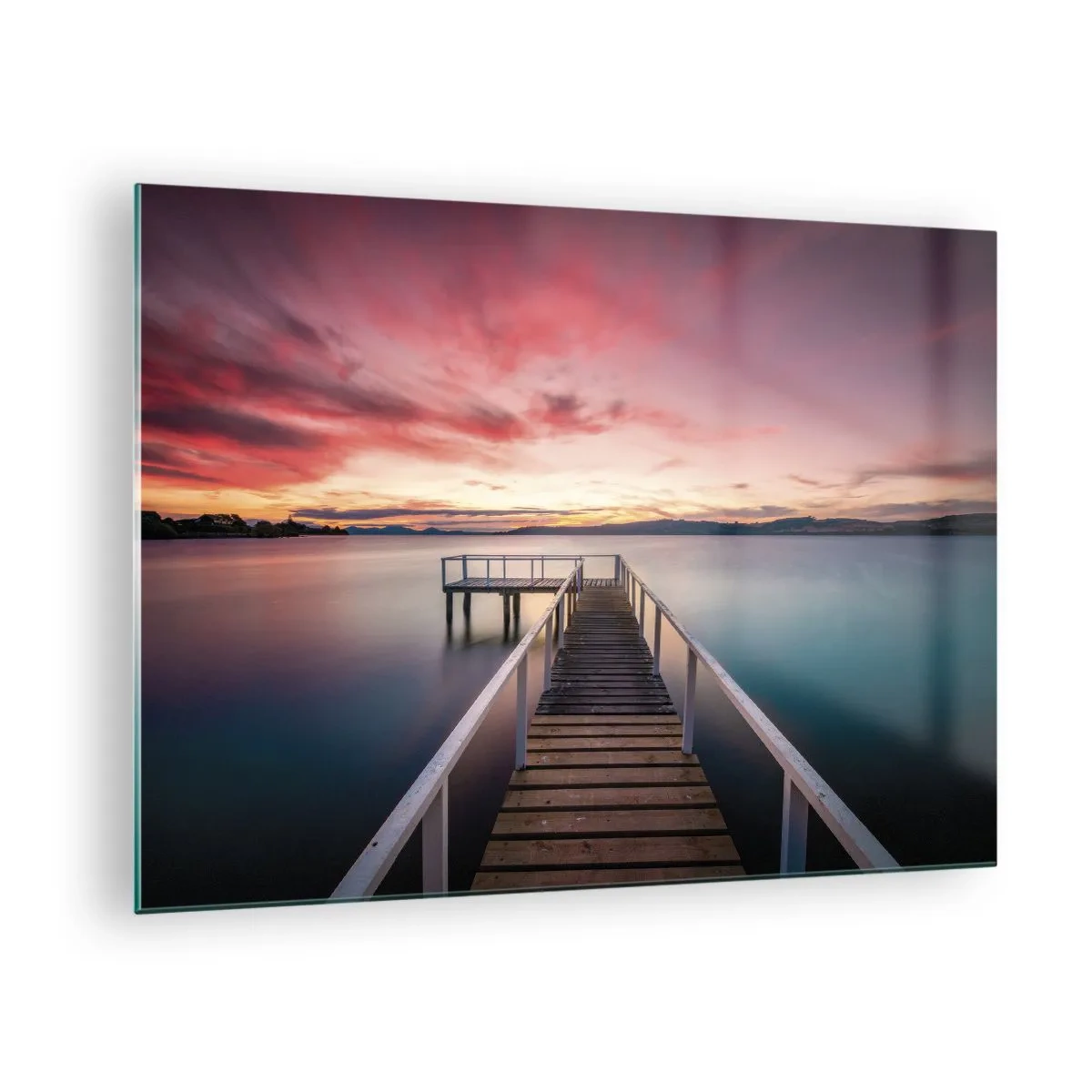 Obraz na skle - Mólo pri jazere pri západe slnka s ružovou oblohou - 70x50cm - Jemný plameň večera - Moderná nástenná dekorácia do obývacej izby a spálne ARTTOR