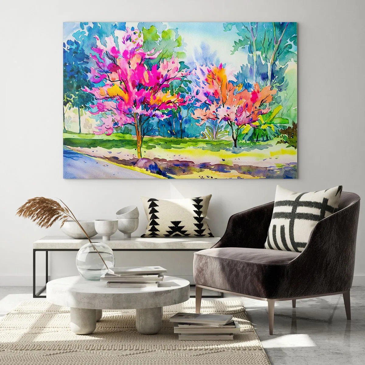 Obraz na skle - Farebné stromy v parku maľované akvarelovou technikou - 70x50cm - Dúhová záhrada v jarnom lesku - Moderná nástenná dekorácia do obývacej izby a spálne ARTTOR