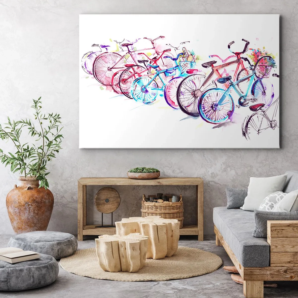 Obraz na plátne - Farebné bicykle v umeleckom akvarelovom štýle - 70x50cm - Zjazd Antimoto klubu - Moderná nástenná dekorácia do obývacej izby a spálne ARTTOR