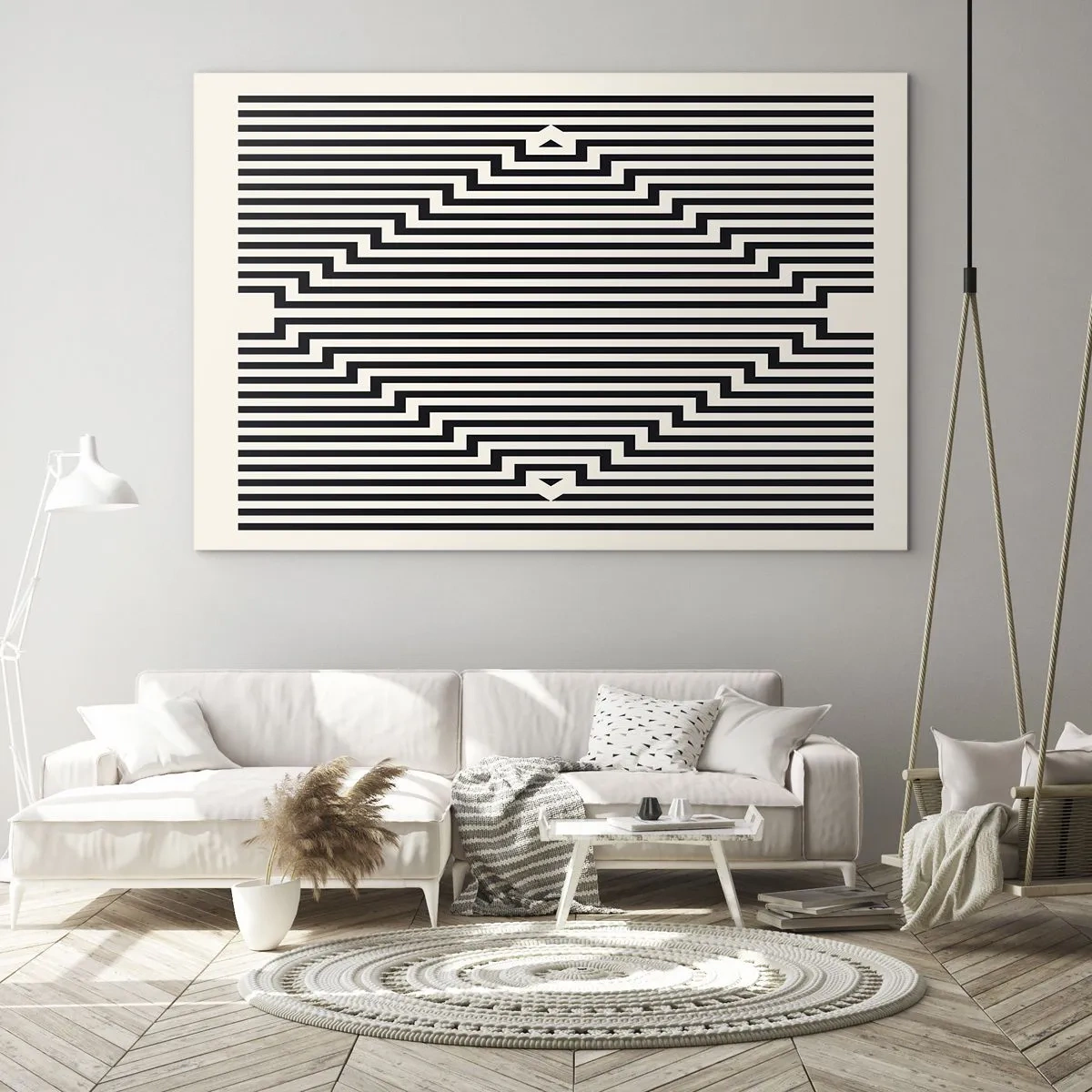 Obraz na skle - Fascinujúci vzor čiernych a bielych čiar vytvára ilúziu - 70x50cm - Geometrická ilúzia - Moderná nástenná dekorácia do obývacej izby a spálne ARTTOR