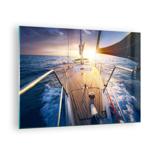 Obraz na skle - Paluba plachetnice na pozadí zapadajúceho slnka a morských vĺn - 70x50cm - Bežiaca po vlnách - Moderná nástenná dekorácia do obývacej izby a spálne ARTTOR