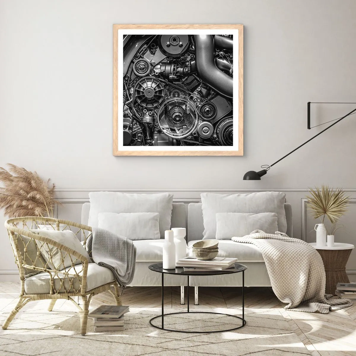 Plagát v ráme zo svetlého duba - Poézia mechaniky - 50x50 cm