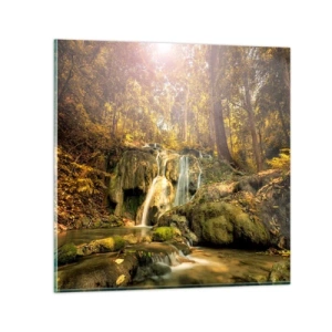 Obraz na skle - Lesný vodopád v zeleni - 50x50 cm