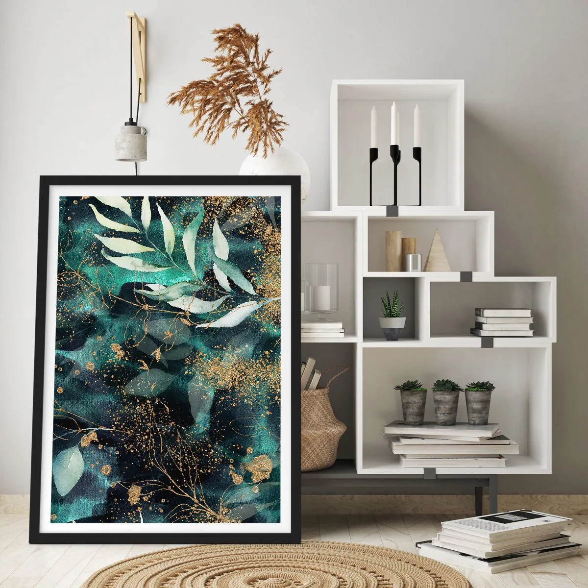 Plagát v čiernom ráme - Zelené listy a zlaté akcenty na tmavom pozadí - 50x70cm - Kúzelná záhrada - Moderná nástenná dekorácia do obývacej izby a spálne ARTTOR