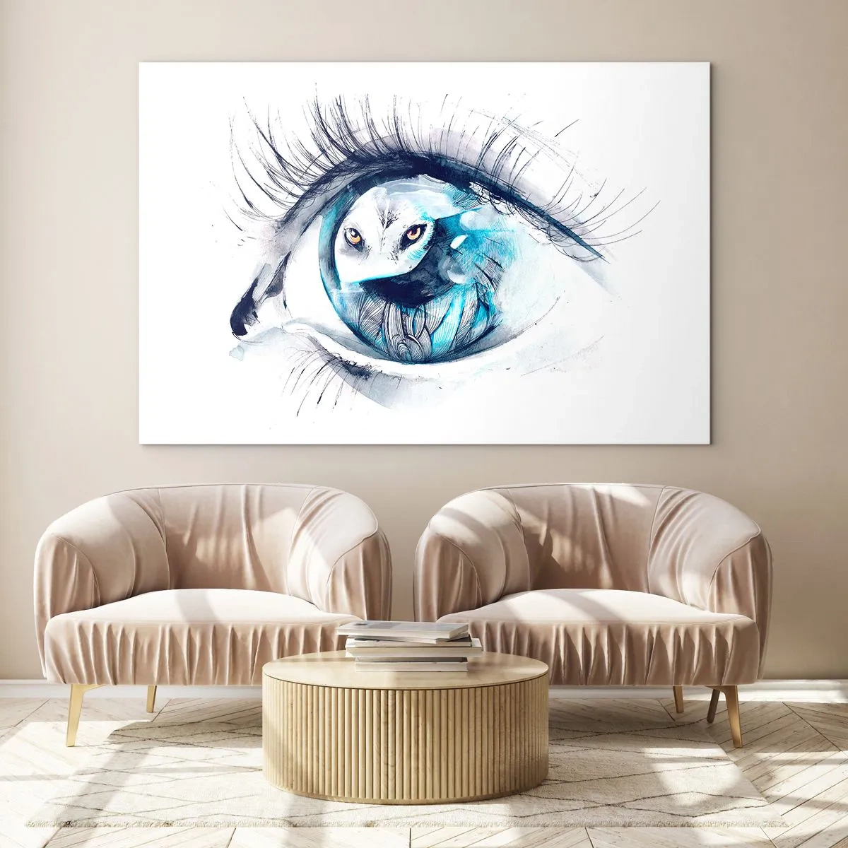 Obraz na skle - Ženské oko s motívom sovy v akvarelovom štýle - 70x50cm - Z očí do očí s divočinou - Moderná nástenná dekorácia do obývacej izby a spálne ARTTOR