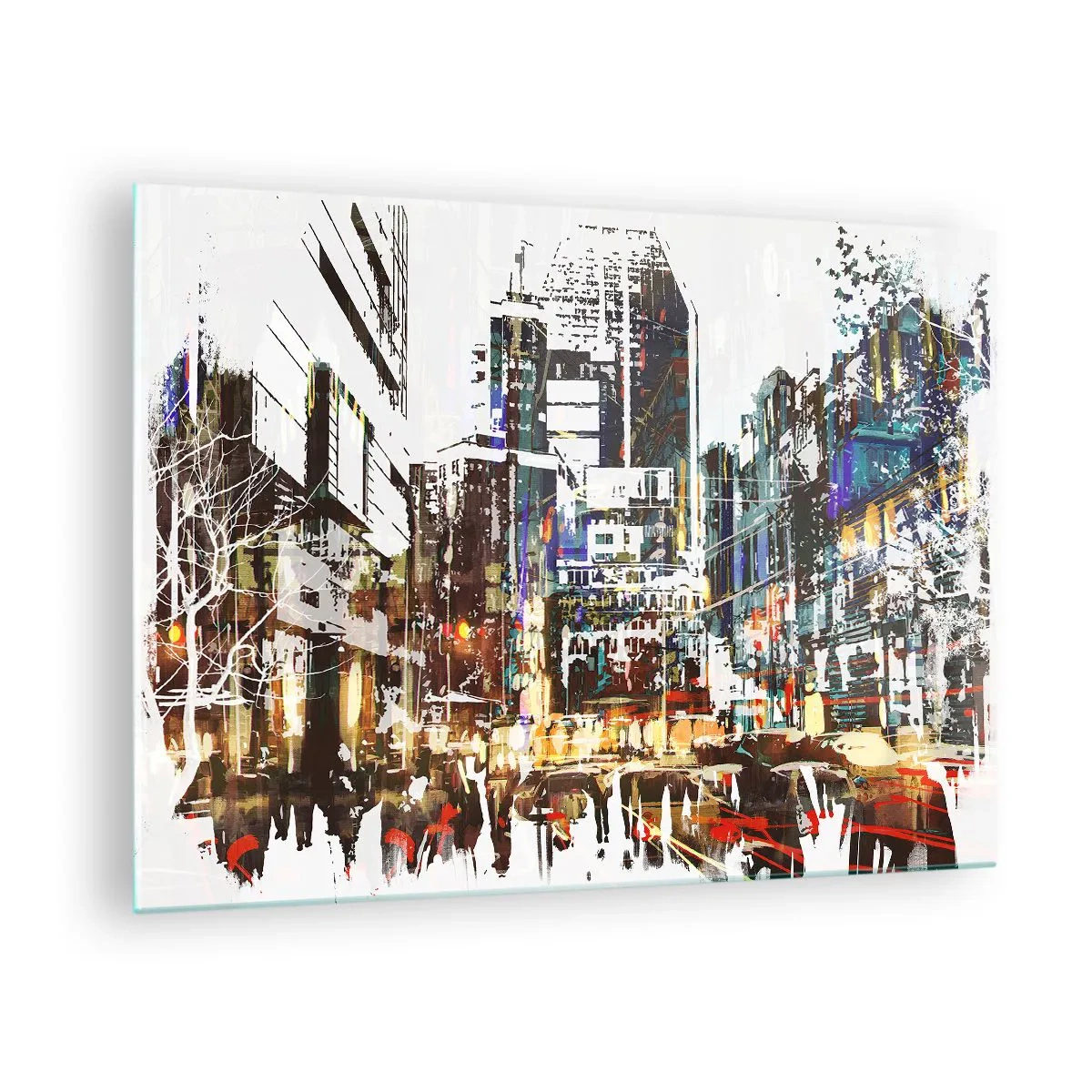 Obraz na skle - Farebné mestské svetlá v umeleckom, trblietavom štýle - 70x50cm - Trblietavé mesto - Moderná nástenná dekorácia do obývacej izby a spálne ARTTOR