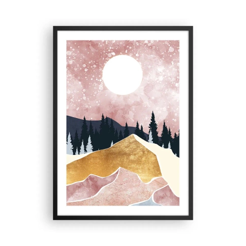 Plagát v čiernom ráme - Abstraktná krajina s lesom, horami a zlatými akcentmi - 50x70cm - Nočná hliadka - Moderná nástenná dekorácia do obývacej izby a spálne ARTTOR
