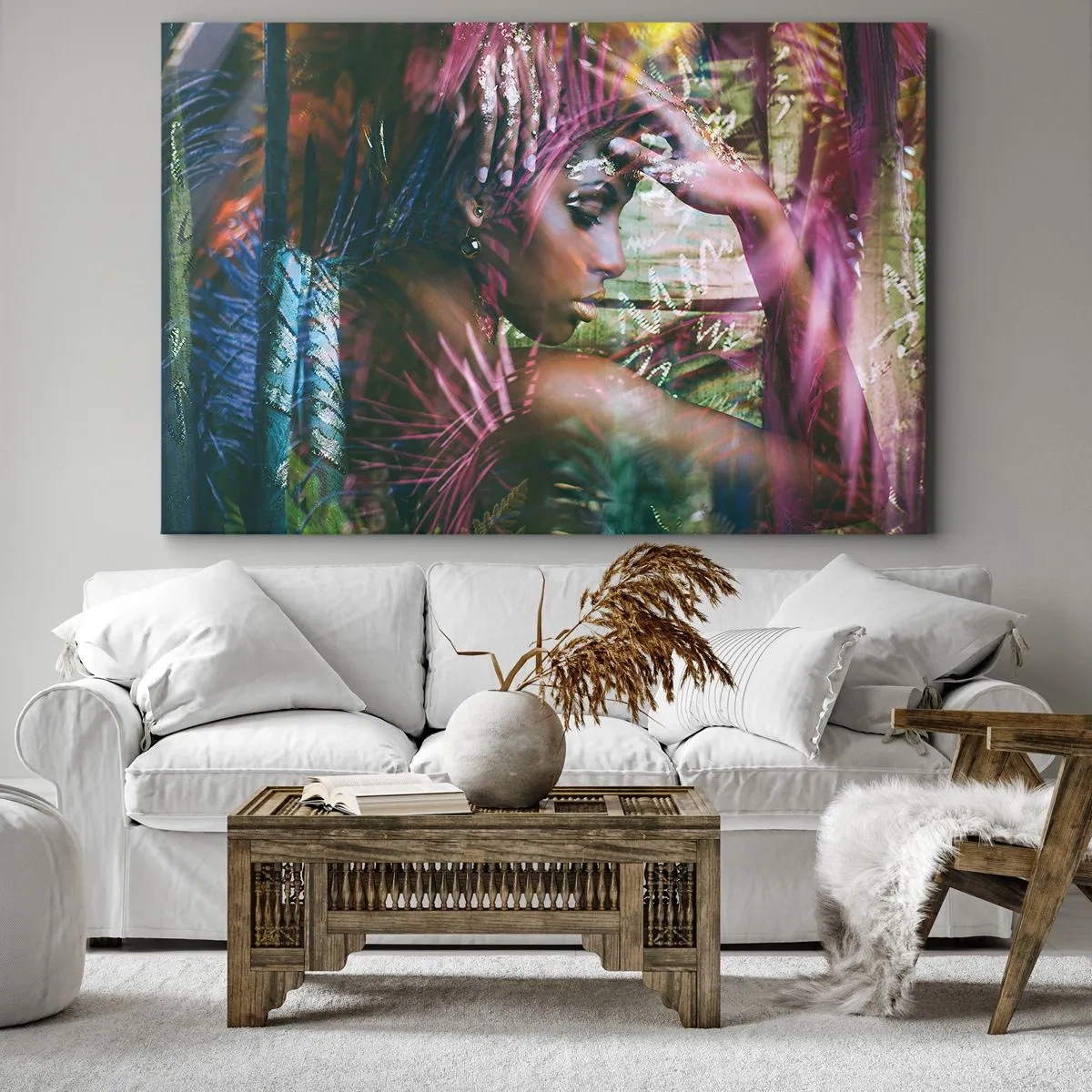 Obraz na plátne - Portrét ženy obklopenej exotickou vegetáciou - 70x50cm - Matka príroda v džungli - Moderná nástenná dekorácia do obývacej izby a spálne ARTTOR