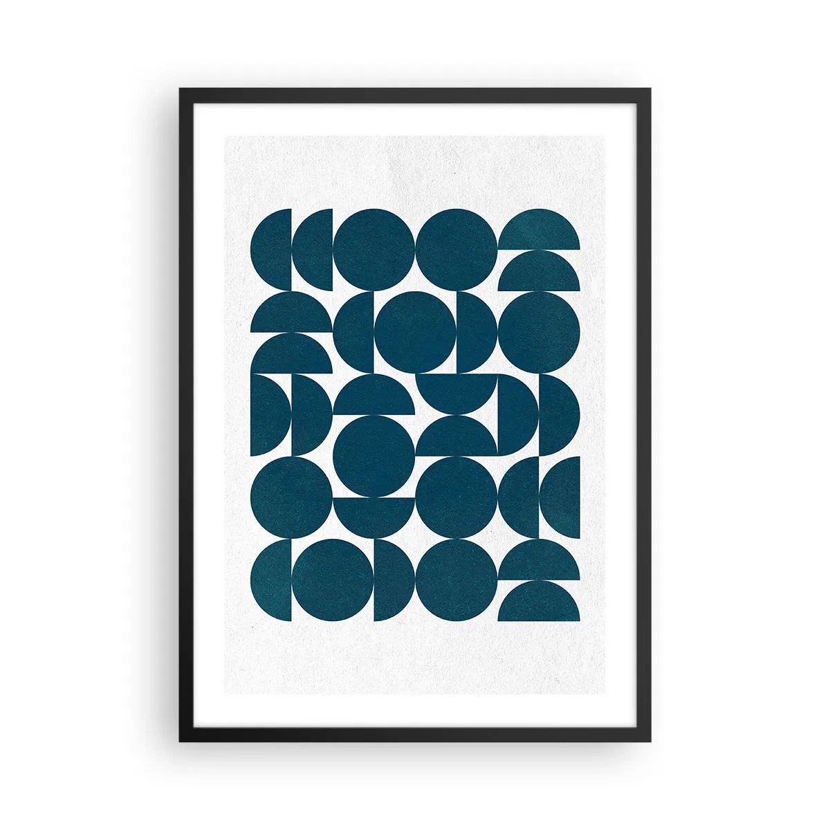 Plagát v čiernom ráme - Geometrická kompozícia s modrými kruhmi - 50x70cm - Kruhy a polkruhy - Moderná nástenná dekorácia do obývacej izby a spálne ARTTOR