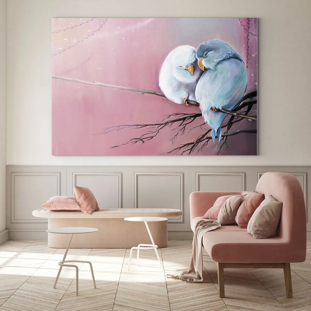 Obraz na skle - Dva hrdličky sediace na konári na ružovom pozadí - 70x50cm - Čo k tomu dodať? - Moderná nástenná dekorácia do obývacej izby a spálne ARTTOR