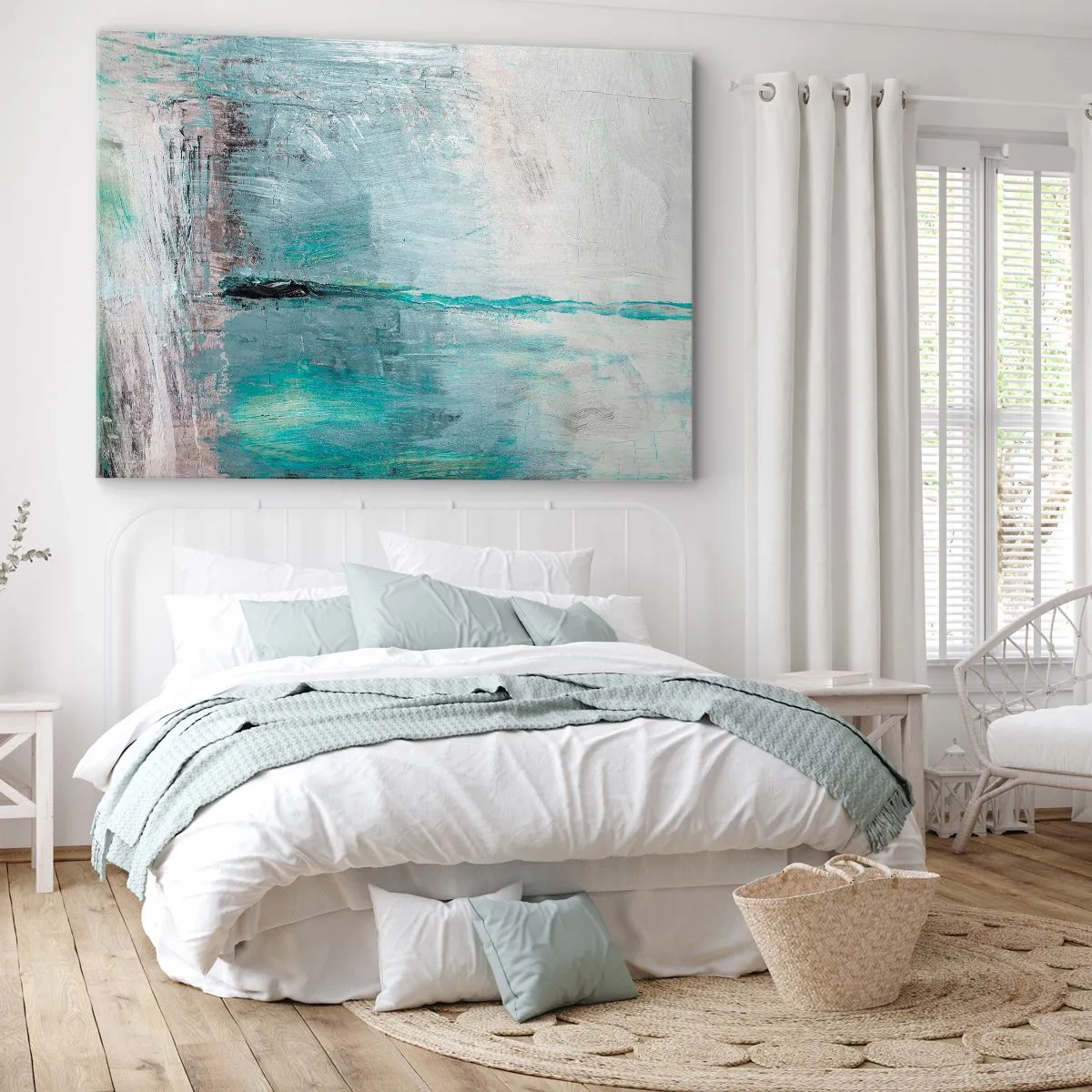Obraz na plátne - Abstrakcia v odtieňoch tyrkysovej a sivej - 70x50cm - Horizontálne v modrej - Moderná nástenná dekorácia do obývacej izby a spálne ARTTOR